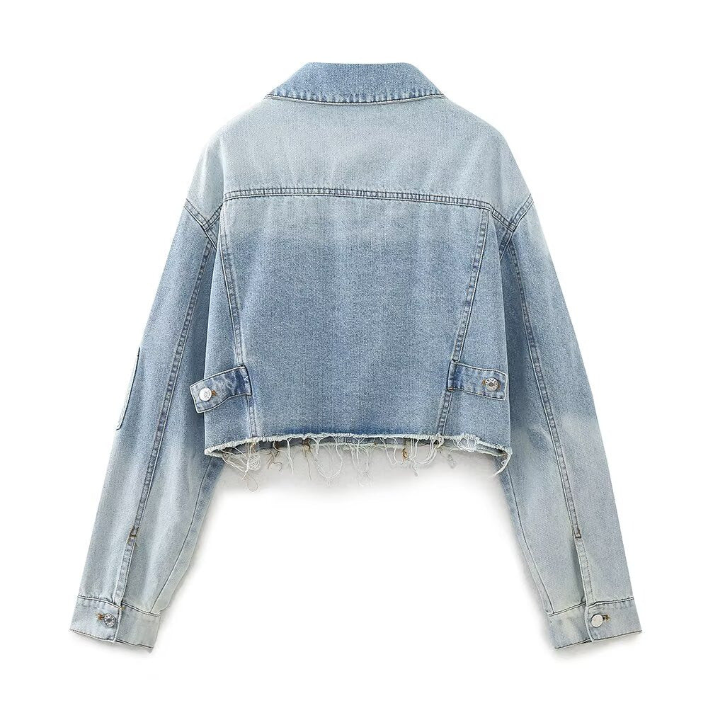 Button up denim short jacket for women