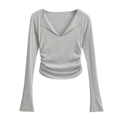 Sexy flared sleeves large V-neck long sleeves slim fit short T-shirt