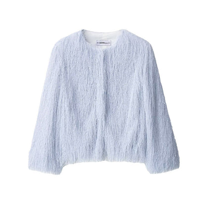 Round neck blue tassel jacket top for women