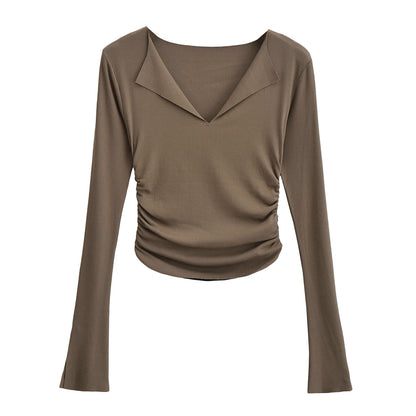 Sexy flared sleeves large V-neck long sleeves slim fit short T-shirt