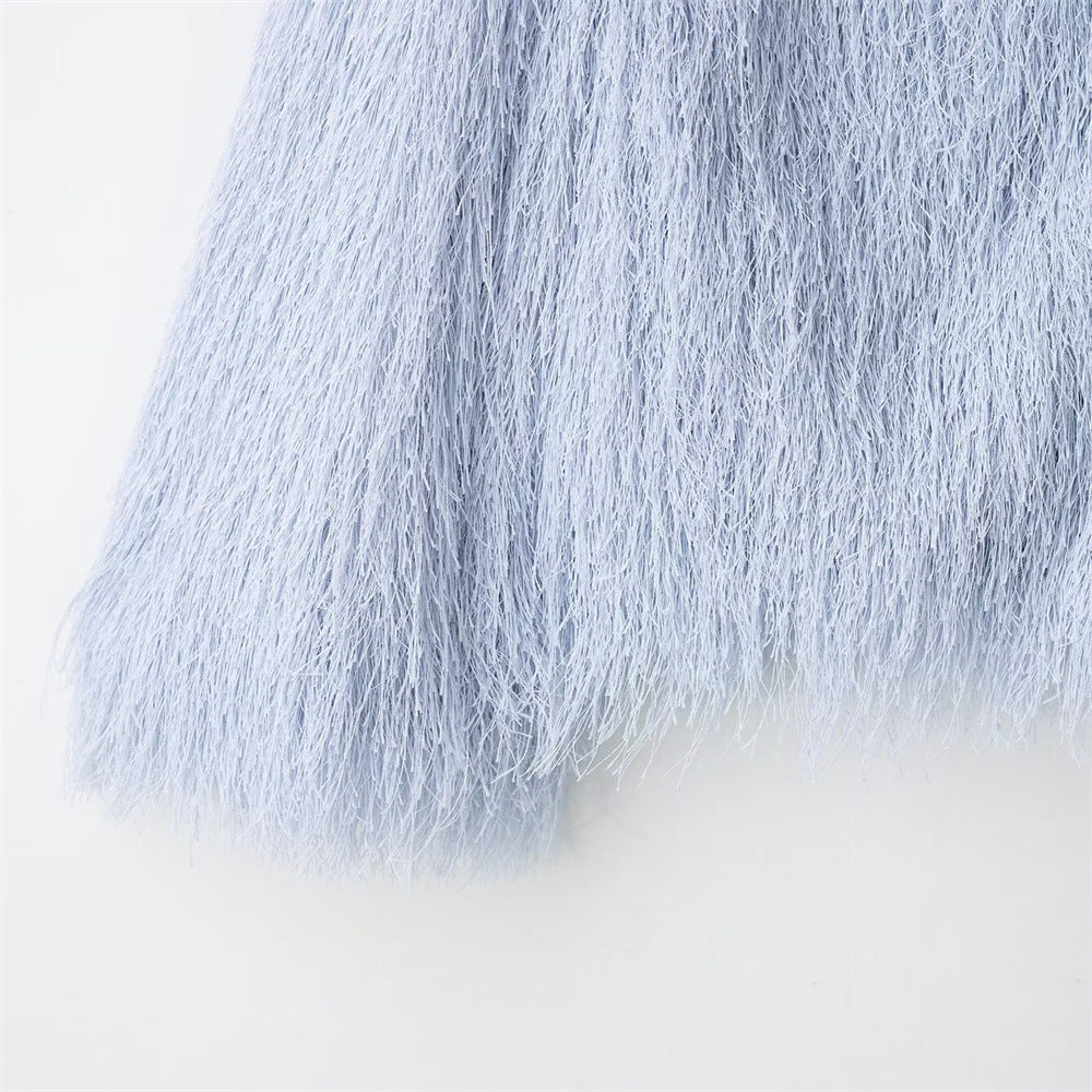 Round neck blue tassel jacket top for women