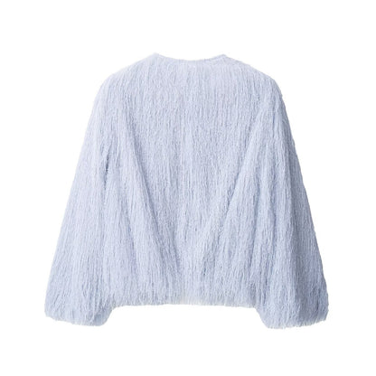 Round neck blue tassel jacket top for women