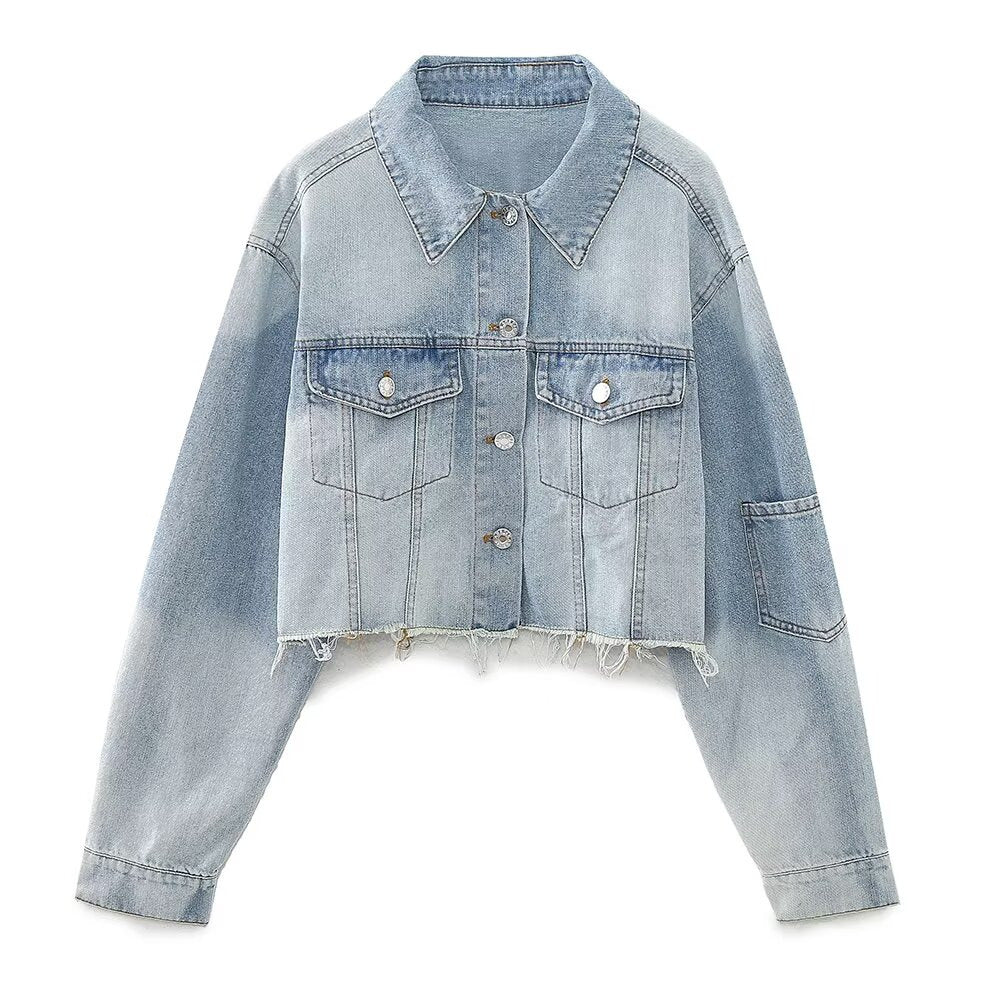 Button up denim short jacket for women