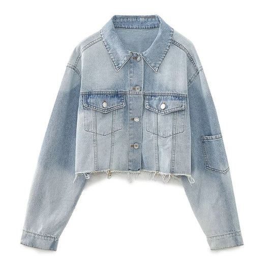 Button up denim short jacket for women