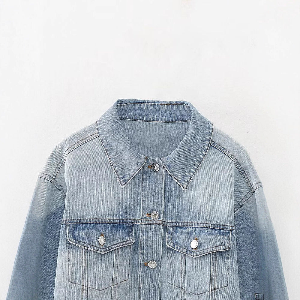 Button up denim short jacket for women