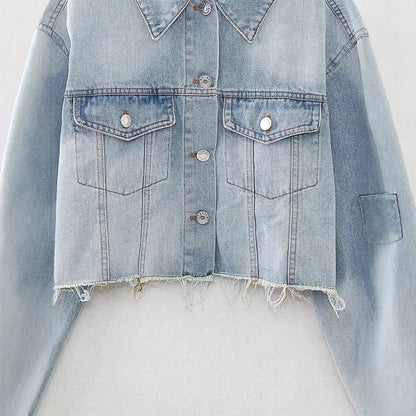Button up denim short jacket for women