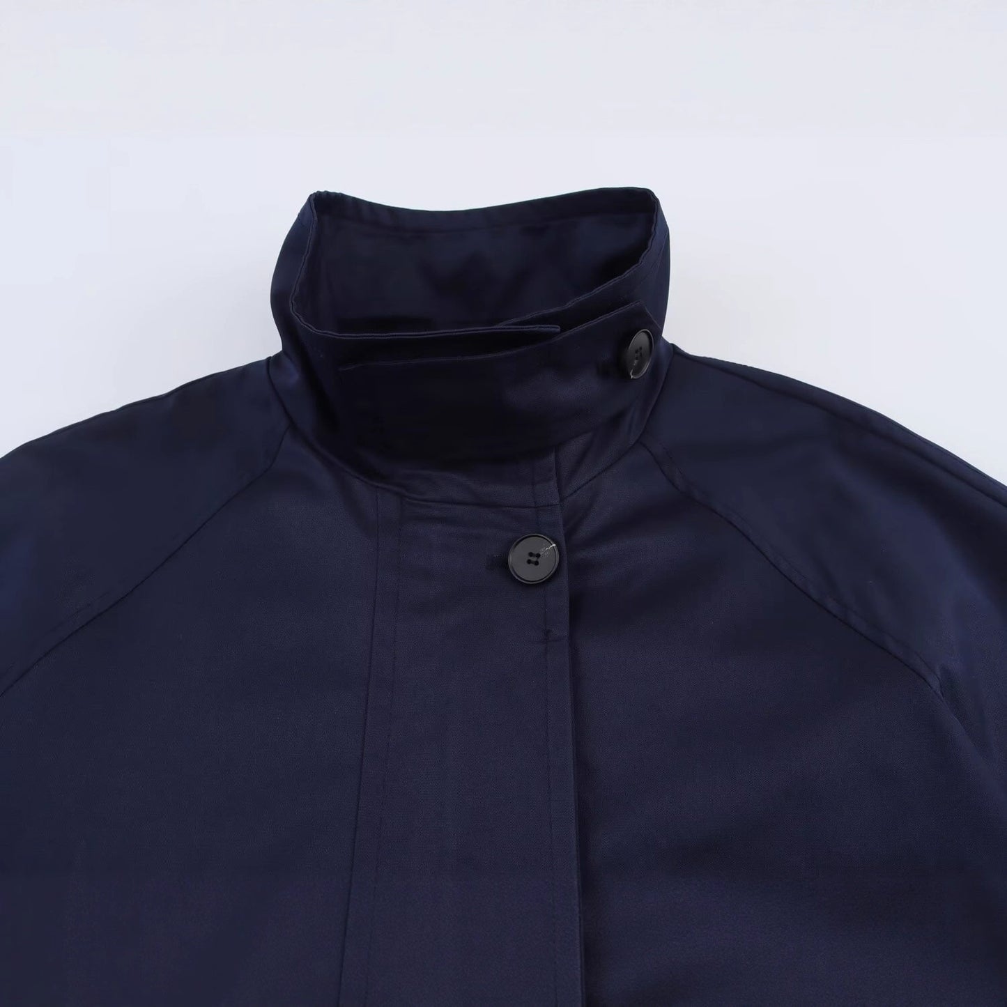 Stand up collar long sleeved mid length zipper jacket for women