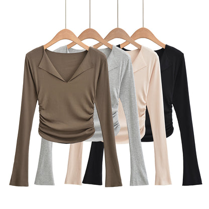 Sexy flared sleeves large V-neck long sleeves slim fit short T-shirt