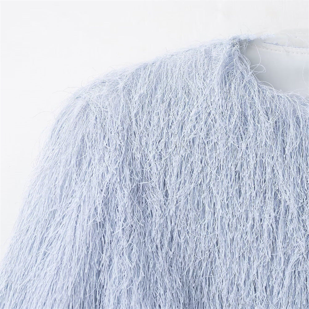 Round neck blue tassel jacket top for women