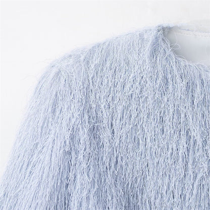 Round neck blue tassel jacket top for women