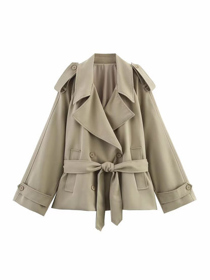 Long sleeved single breasted solid color trench coat for women